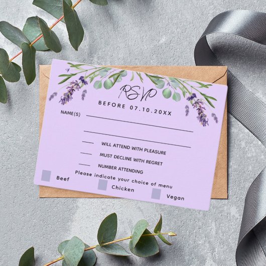 Réponse du menu mariage violet Lavender RSVP