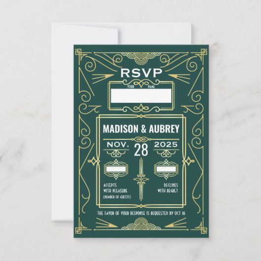 Réponse RSVP Art Déco Mariage Gold Dark Green (Devant)