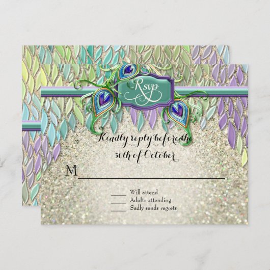 Réponse RSVP Art Déco Peacock Feaths Script Art (Devant / Derrière)