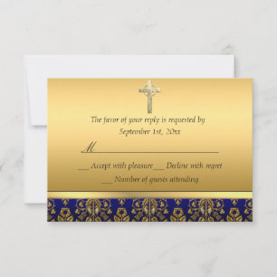 Réponse RSVP baptême croix damassée bleu royal et 
