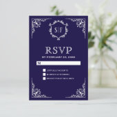 Réponse RSVP Bleu Minuit Ornée Monogramme (Debout devant)
