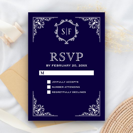 Réponse RSVP Bleu Minuit Ornée Monogramme
