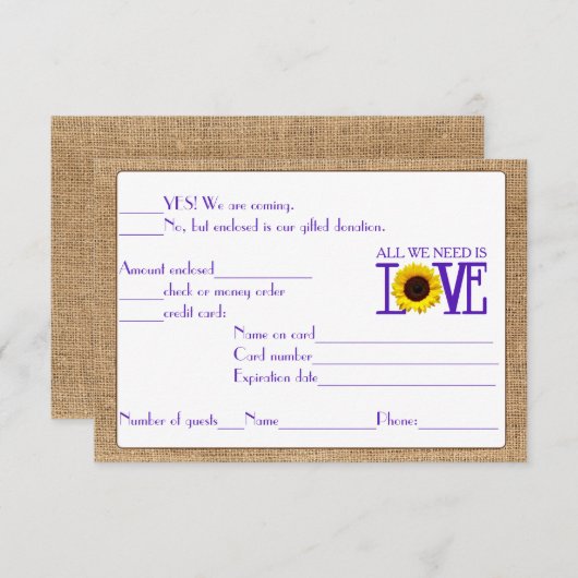 Réponse RSVP Burlap et Sunflower Purple (Devant / Derrière)