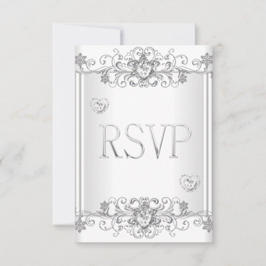 Réponse RSVP Cœurs Diamant Blanc Argenté 2 (Devant)