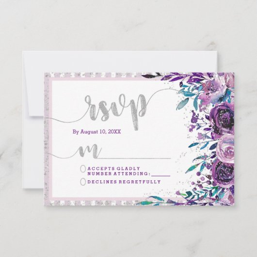Réponse RSVP de Mariage Floral et Argent Violet (Devant)