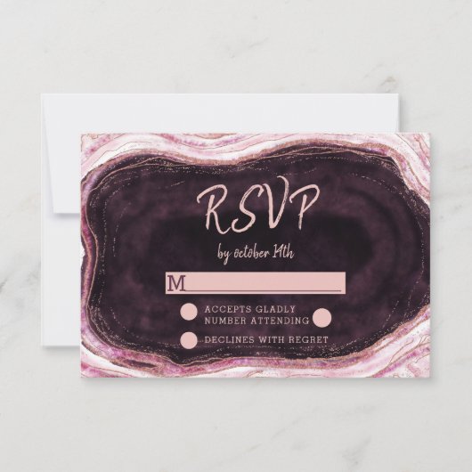 Réponse RSVP de mariage géode or rose et Bourgogne (Devant)