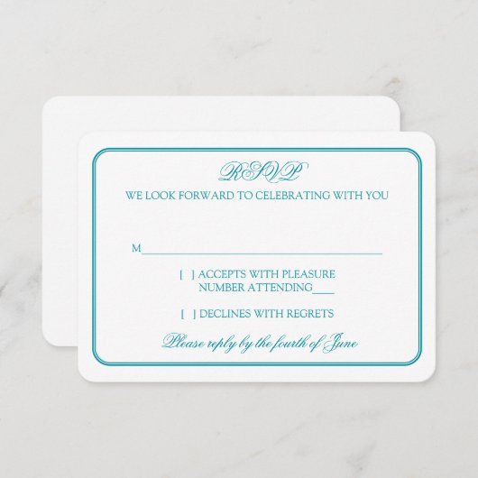 Réponse RSVP de mariage traditionnel bleu sarcelle (Devant / Derrière)