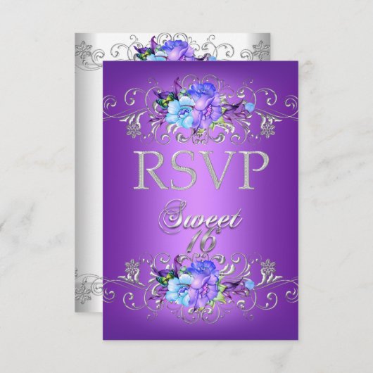 Réponse RSVP Douce 16 Seize Fleurs violettes blanc (Devant / Derrière)