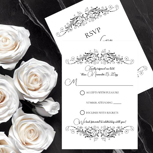 Réponse RSVP Élégance Floraison Noir et Blanc