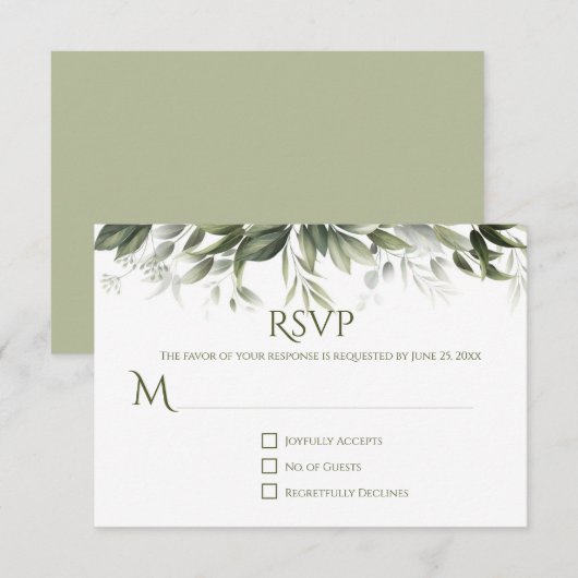 Réponse RSVP Elegant Greenery - Vert olive clair (Devant / Derrière)