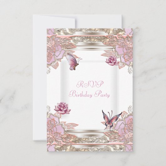Réponse RSVP Fête Rose Rose Blanche Papillon (Devant)