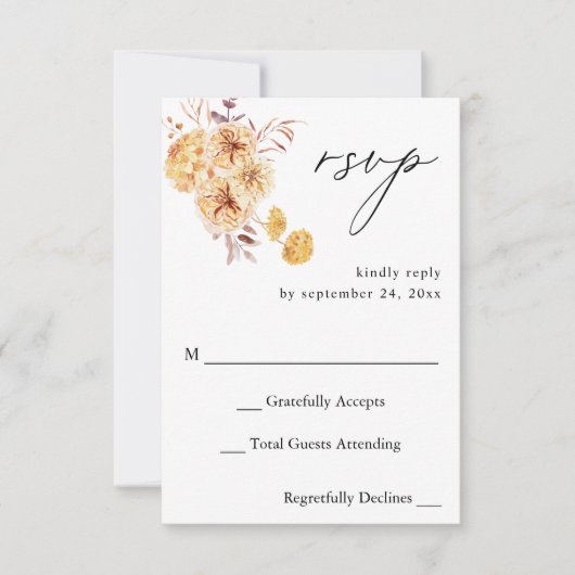 Réponse RSVP Fleur Florale Jaune Doré sans Repas (Devant)