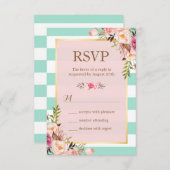 Réponse RSVP Fleurs Roses Vert Menthe Blanc Rayure (Devant / Derrière)
