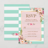 Réponse RSVP Floral Rose Vert Menthe Blanc Rayures (Devant / Derrière)