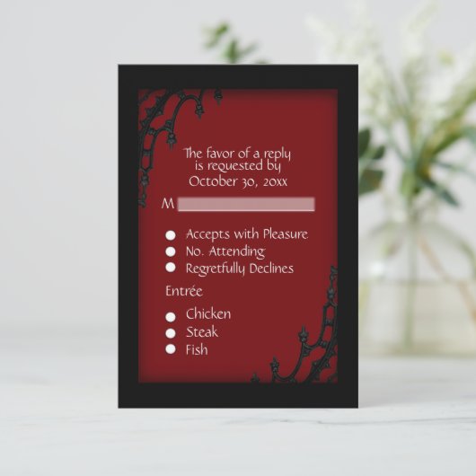 Réponse RSVP gothique rouge avec choix de menu (Debout devant)