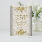 Réponse RSVP Mariage Beige Or Damassé (Debout devant)