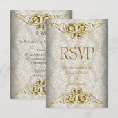 Réponse RSVP Mariage Beige Or Damassé (Devant / Derrière)