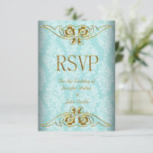 Réponse RSVP Mariage Damask Bleu Sarcelle Or (Debout devant)