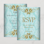 Réponse RSVP Mariage Damassé Bleu Sarcelle Or (Devant / Derrière)