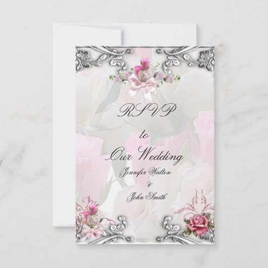 Réponse RSVP Mariage Rose Rose Pâle Argenté Blanc (Devant)
