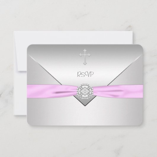 Réponse RSVP pour baptême de bébé fille Croix Rose (Devant)