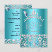 Réponse RSVP Quinceanera 15th Blue Damask Butterfl (Devant / Derrière)