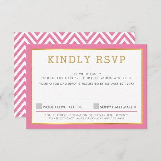 REPONSE RSVP simple motif chevron rose  (Devant / Derrière)