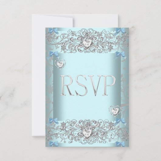 Réponse Teal Blue Damask Mariage Cœurs de Diamant (Devant)