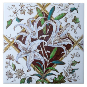 Repro 1880s Victoriaans Lilies Transferware Tile Tegeltje
