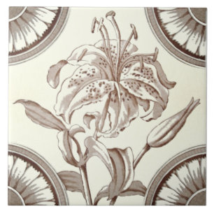 Repro 1885 Victoriaans Sepia Lily Transferware Tegeltje