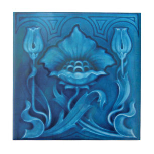 Repro Art Noveau Cerulean Blue Floral Majolica Tegeltje
