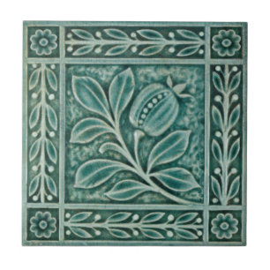 Repro c1900 Blauwgroen Majolica Faux Relief Pomegr Tegeltje