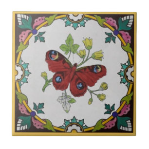 Repro Colorful 1870s Minton Peacock Butterfly Tegeltje