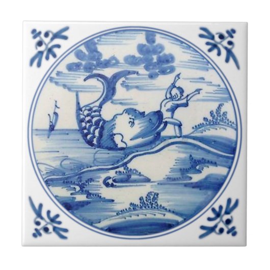 Repro Delft Biblical Jonah en de walvis van de jar Tegeltje (Voorkant)