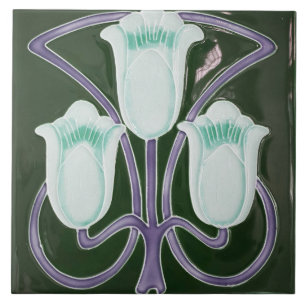 Repro Edwardian Art Nouveau Green Tulip Floral Til Tegeltje