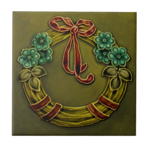 Repro Faux Relief Floral op straat Wreath Majolica Tegeltje