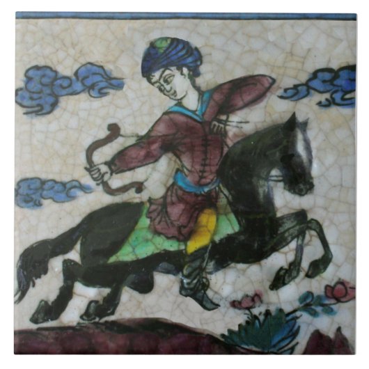 Repro Handschilderd Antiek Perzisch Horseman Tegeltje (Voorkant)