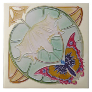 Repro Rare Belgium Art Nouveau Butterfly Floral Tegeltje