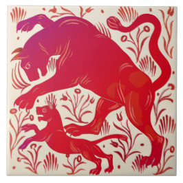 Repro Wm De Morgan Ruby Luster Cats (Panthers?) HP Tegeltje