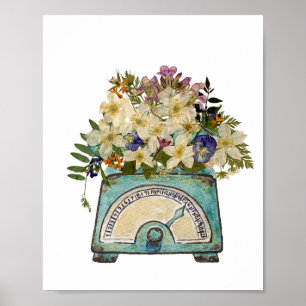 Reproductie van geperste bloemen op een schaal poster
