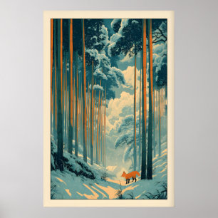 Reproductie van vos aan de muur Winter Bamboebos - Poster