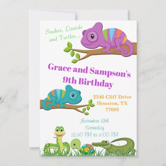 Reptiel Oerwoud Snake Turtle Birthday Uitnodiging (Voorkant)
