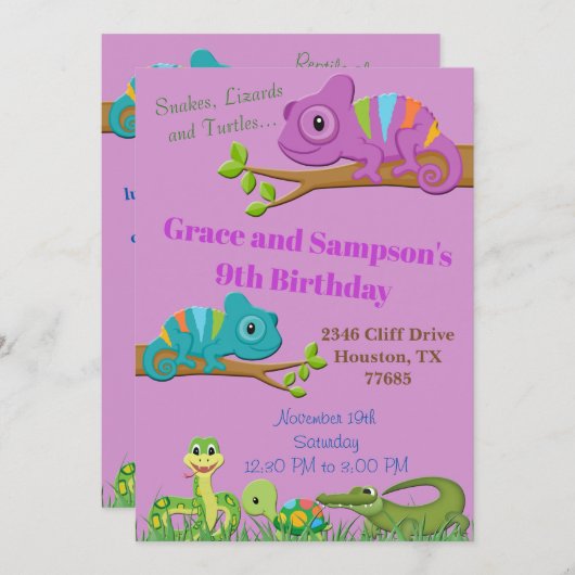Reptiel Oerwoud Snake Turtle Birthday Uitnodiging (Voorkant / Achterkant)