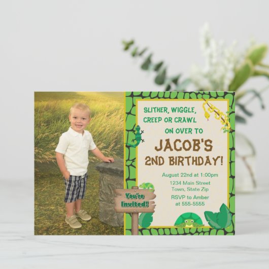 Reptiel Verjaardag Uitnodiging Hagedis Slang Uitno (Staand voorkant)