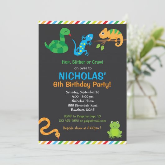 Reptiel verjaardagsfeest uitnodiging / reptiel par (Staand voorkant)