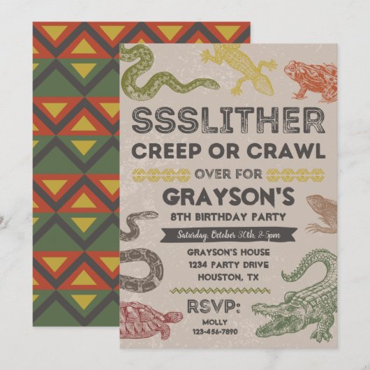 Reptile Party-uitnodigingen | Reptiel Birthday Kaart (Voorkant / Achterkant)