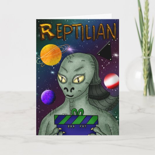 Reptiliaanse vreemdeling met buitenruimtevaart op kaart (Voorkant)