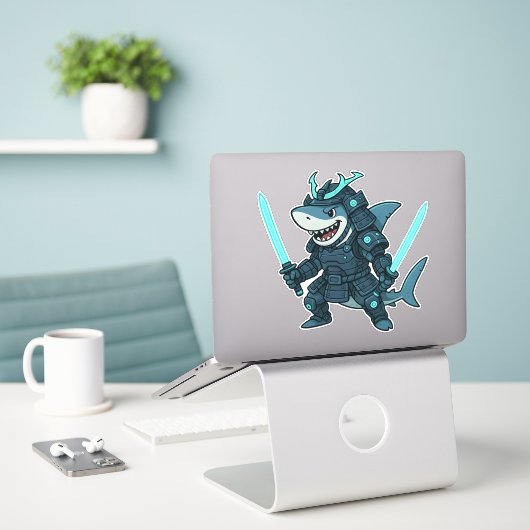 Requin cyber en armure avec autocollant épées doub (Ordinateur portable sur le bureau)