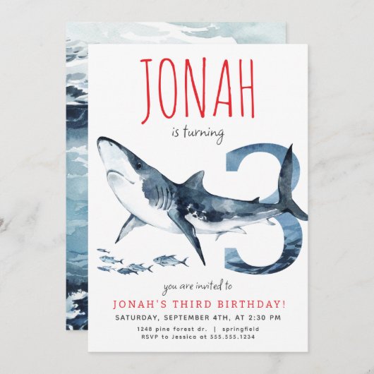 Requin troisième invitation anniversaire (Devant / Derrière)