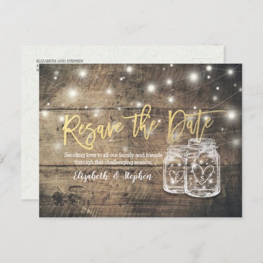 Resave the Date Wedding Postponement Mason Jars Aankondigingskaart (Voorkant / Achterkant)